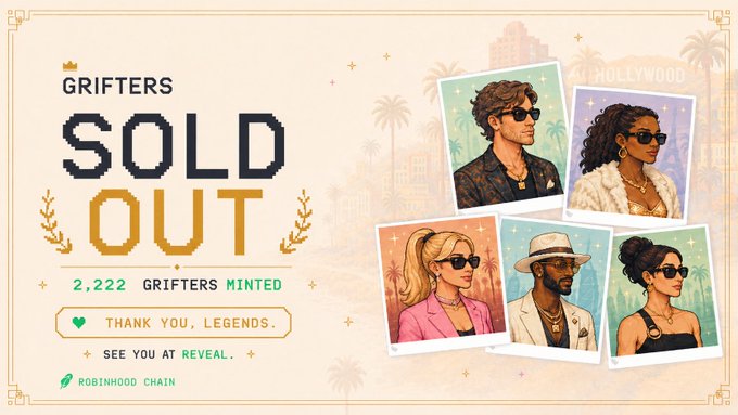 A 'SOLD OUT' announcement graphic for the Grifters NFT collection with 2,222 minted, featuring four pixel art character portraits in polaroid-style frames on a Hollywood-themed background.