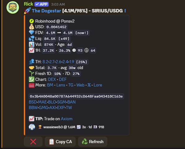 A Telegram post from "Rick" via an APP shares crypto trading data for "The Dogestar" (SIRIUS/USDG) on Robinhood via Ponsv2, showing a market cap of 4.1M, liquidity of 84.5K, and 26.3% gains in 1H with 64 buyers, referencing the poster's claim of catching a SIRIUS dip for a 3x return. The interface displays trading metrics including volume (874K), contract address, and links to trade on Axiom, aligning with the post's promotion of Discord trading gains.