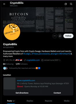 The image shows a Twitter/X profile page for "CryptoBillis" (@cryptobillis), a Bitcoin electronic device store that claims to be an authorized reseller of brands like Ledger, Trezor, Ledger, Coinkite, and KeyK. With only 1,711 followers and limited engagement, the profile fits the context of the post warning that CryptoBillis is allegedly at the center of an $86 million supply chain attack compromising Ledger hardware wallets purchased through this Southeast Asian reseller.