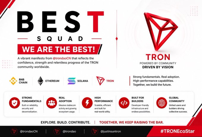 A promotional graphic declares 'BEST SQUAD - WE ARE THE BEST!' featuring the TRON logo alongside BNB Chain, Ethereum, and Solana, tagged '#TRONEcoStar' and @trondaoCN.