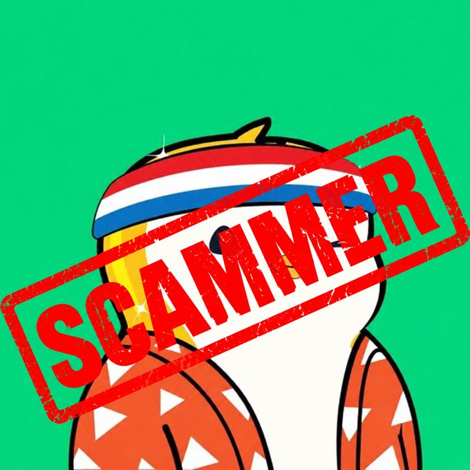 A cartoon mascot wearing a red, white, and blue headband is stamped with a large red "[SCAMMER]" warning, visually reinforcing the post's accusation of fraud against Luca and his team.