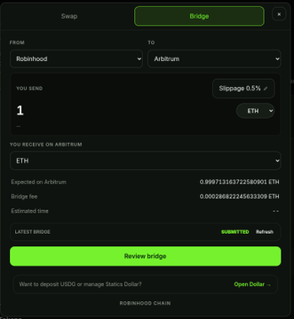 A screenshot of a cryptocurrency bridge interface showing a swap from Robinhood to Arbitrum for ETH.