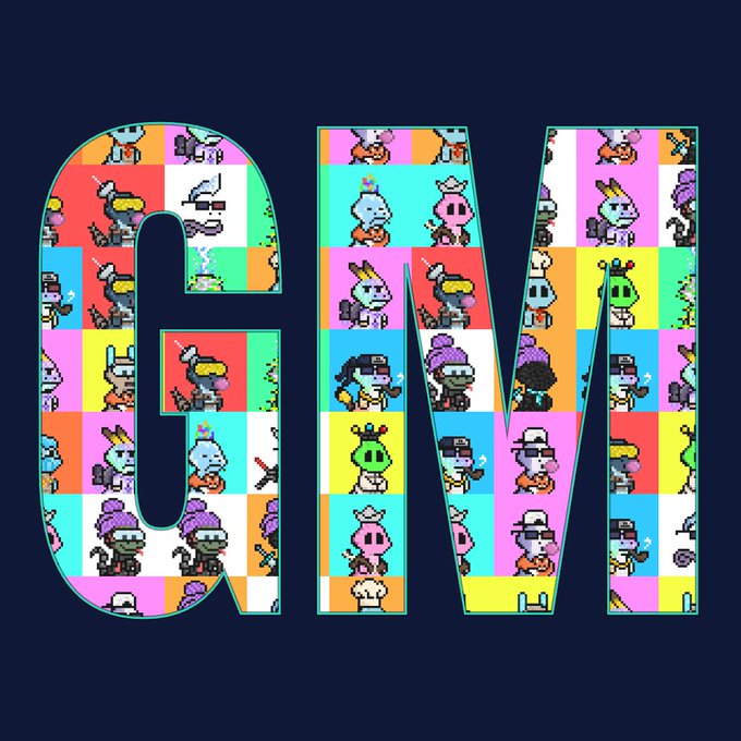 Large letters 'GM' filled with a colorful grid of small pixel-art character avatars on a dark blue background.
