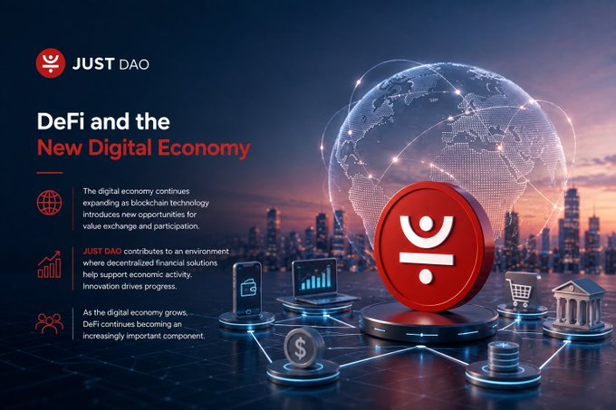 A promotional graphic for 'JUST DAO' titled 'DeFi and the New Digital Economy,' featuring a red logo, a glowing digital globe, and various financial icons including a shopping cart, bank, and dollar sign.
