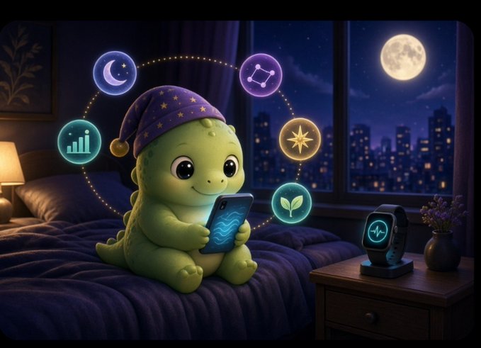 A digital illustration of a green cartoon character wearing a purple star-patterned sleeping cap, sitting on a bed at night holding a smartphone, surrounded by glowing icons representing moon, analytics, connectivity, star, and growth, with a city skyline and full moon visible through the window.