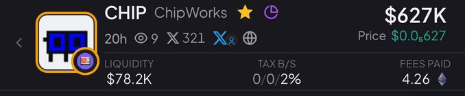 A cryptocurrency dashboard showing the CHIP token (ChipWorks) with a market cap of $627K, price of $0.0627, liquidity of $78.2K, and 4.26 ETH fees paid.