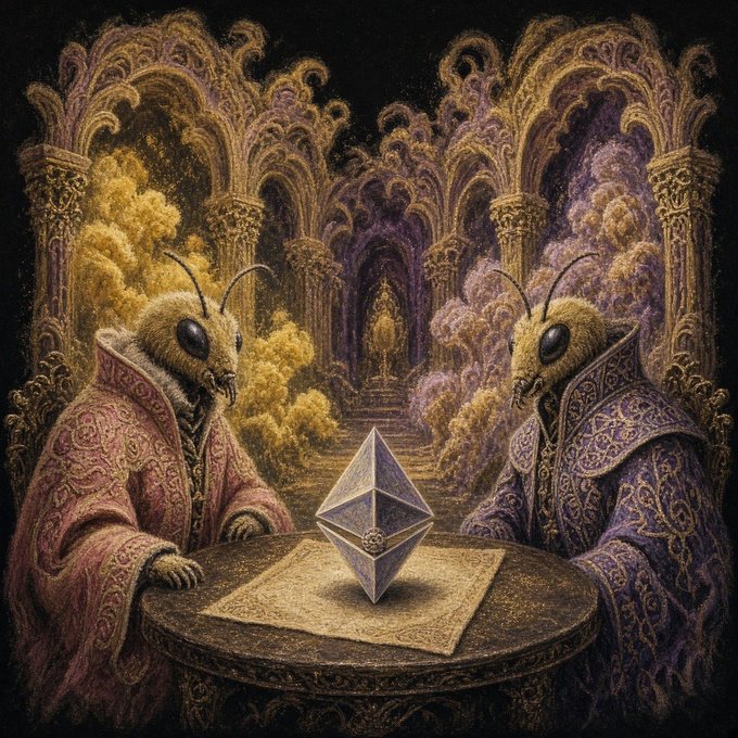 A surreal artwork depicting two bee-like humanoid figures in ornate robes seated across from each other at a table, gazing at a glowing geometric Ethereum symbol on a parchment, set against a cathedral-like backdrop of arches and clouds.
