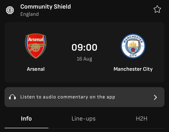 The image shows a football match interface for the Community Shield in England, displaying an upcoming fixture between Arsenal and Manchester City scheduled for 09:00 on 16 Aug. It relates to the post as a visual prompt for followers to drop their predictions for the Arsenal vs Manchester City match, which is the basis of the giveaway contest requiring participants to like, retweet, and provide their Ethereum address.