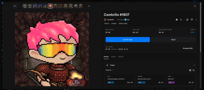 An NFT marketplace listing for "Cambrillo #1807" displaying a pixel art character with pink hair and rainbow sunglasses, showing best offer of 83.288 ETH, last sale of 113.83, and collection floor of 80.44.