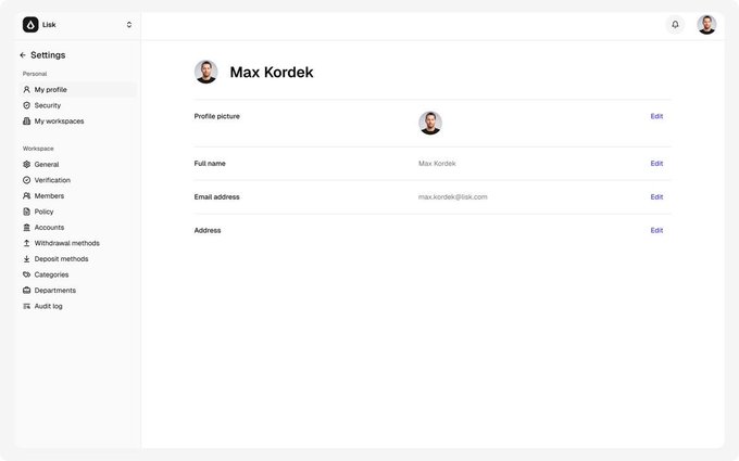 A Lisk workspace settings page showing the profile edit view for Max Kordek, with fields for Profile picture, Full name, Email address, and Address, each with an Edit option.