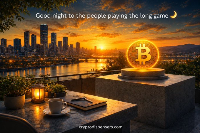 A scenic digital artwork of a sunset cityscape with a glowing Bitcoin coin on a pedestal, captioned 'Good night to the people playing the long game' with the website 'cryptodispensers.com' at the bottom.