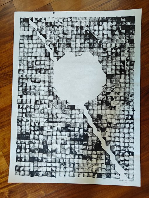An abstract black and white mixed-media artwork on paper features a grid-like texture with a blank, jagged heart-shaped cutout in the center and a white jagged line splitting the composition.