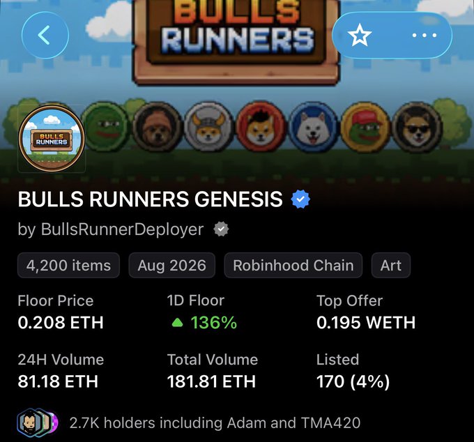 The image shows an OpenSea listing page for the "BULLS RUNNERS GENESIS" NFT collection, featuring 4,200 items on Robinhood Chain with a floor price of 0.208 ETH and 24H volume of 81.18 ETH, with character icons of various animals. This relates to the post's discussion of "ponzinomics" and speculation about flipping "stonkbrokers," likely referencing the collection's recent 136% 1D floor price increase as evidence of its speculative, potentially pyramid-scheme-like economics.
