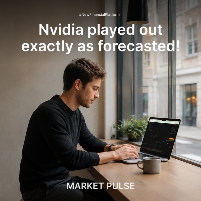 A man works on a laptop displaying a stock chart at a window-side desk, with text reading "#NewFinancialPlatform," "Nvidia played out exactly as forecasted!," and "MARKET PULSE." The image visually reinforces the post's message about a successful Nvidia ($NVDA) trade forecast, portraying the focused trader likely benefiting from the Bybit Learn platform's predictions.