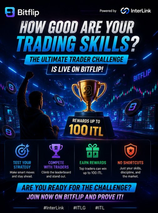 A promotional advertisement for Bitflip powered by InterLink, announcing 'THE ULTIMATE TRADER CHALLENGE' with rewards up to 100 ITL, featuring sections to test strategy, compete, earn rewards, and notes 'NO SHORTCUTS', concluding with 'ARE YOU READY FOR THE CHALLENGE?' and hashtags #InterLink, #ITLG, #ITL.