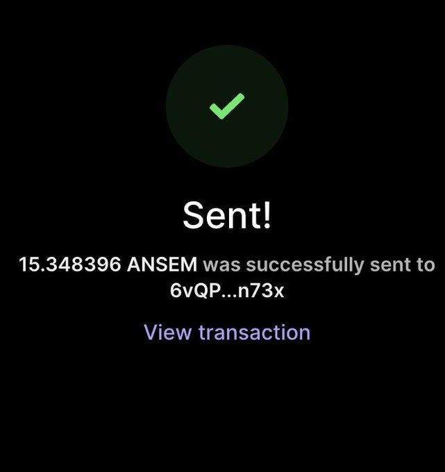 A cryptocurrency transaction confirmation screen displays a green checkmark with the message "Sent!" indicating that 15.348396 ANSEM tokens were successfully sent to the wallet address 6vQP...n73x, with a "View transaction" link below. The image relates to "Check your wallet" by showing a completed token airdrop or transfer, prompting recipients to verify their wallet balance.