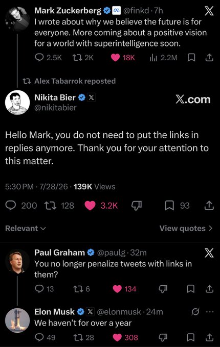 A screenshot of an X (Twitter) conversation where Mark Zuckerberg posts about superintelligence, Nikita Bier replies 'Hello Mark, you do not need to put the links in replies anymore,' Paul Graham comments 'You no longer penalize tweets with links in them,' and Elon Musk adds 'We haven't for over a year.'