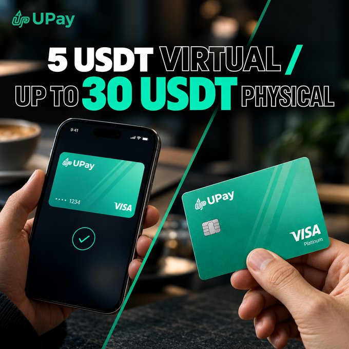A promotional advertisement for UPay showing a smartphone with a digital Visa card and a physical green UPay Visa Platinum card, offering 5 USDT virtual / up to 30 USDT physical.
