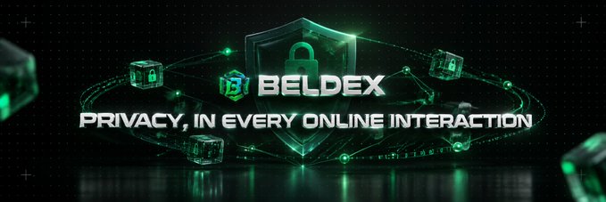 A dark, futuristic banner with green neon accents displays a glowing shield-and-padlock logo above the text "BELDEX" and the tagline "PRIVACY, IN EVERY ONLINE INTERACTION," surrounded by floating cube icons representing nodes or data blocks. The privacy-focused imagery ties directly into the post's enthusiasm about $BDX, reinforcing Beldex's brand identity as the user highlights the ecosystem's farming rewards.