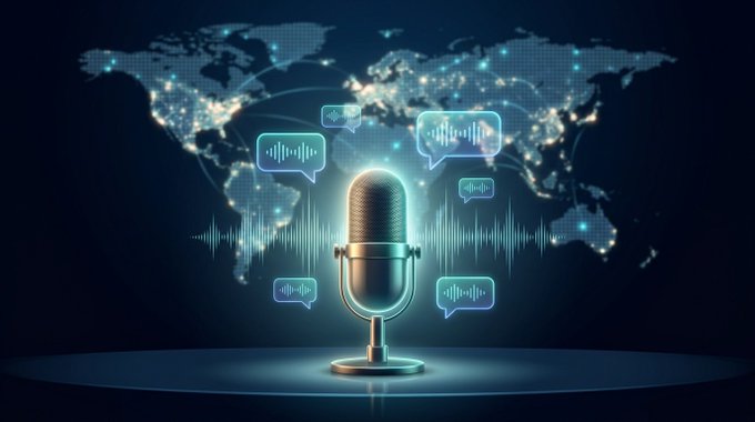 A glowing microphone surrounded by floating speech bubble sound wave icons stands in front of a digital world map with illuminated city lights, symbolizing global communication and anticipation. The image ties into the post by visually representing the community's speculation and buzz surrounding a potential IOTA announcement.