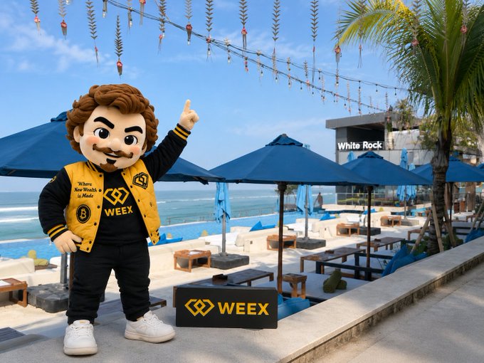 A mascot character with a mustache, wearing a black and yellow 'WEEX' jacket, points upward while standing next to a WEEX sign at a beach club with blue umbrellas.