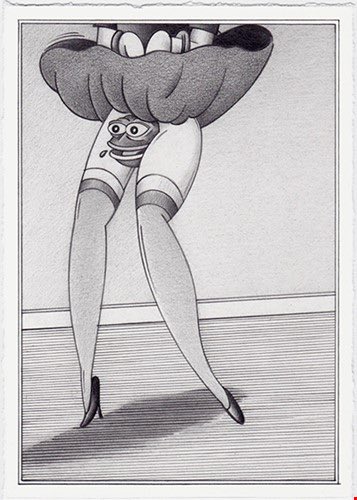 The same black-and-white manga-style illustration as Image 3, showing a character lifting a skirt to reveal a surprised face beneath.
