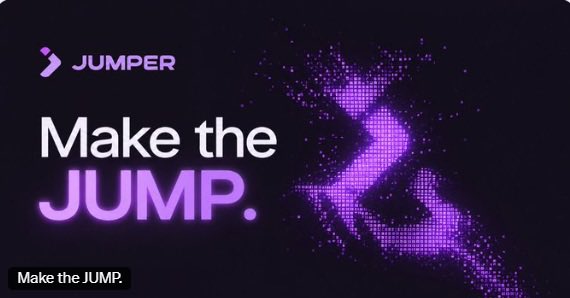 A promotional graphic with the text 'JUMPER' and 'Make the JUMP.' displayed in white and purple against a black background, featuring a stylized purple arrow design made of dots.