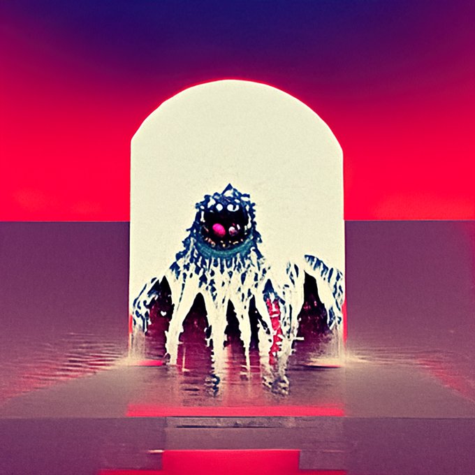 A surreal, dreamlike image showing a robed, masked figure with glowing eyes emerging from water under a bright archway, set against a vivid pink and red sky.