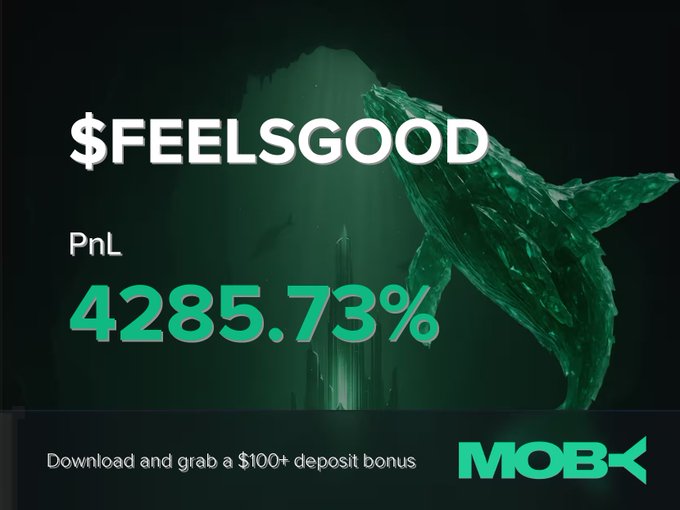 The image displays a promotional graphic for Moby Mobile featuring a "$FEELSGOOD" trade alert with a striking +4285.73% PnL in bold green text, set against an underwater scene with a whale silhouette. The ad promotes a "$100+ deposit bonus" download offer and visually celebrates the massive gains highlighted in the accompanying post.