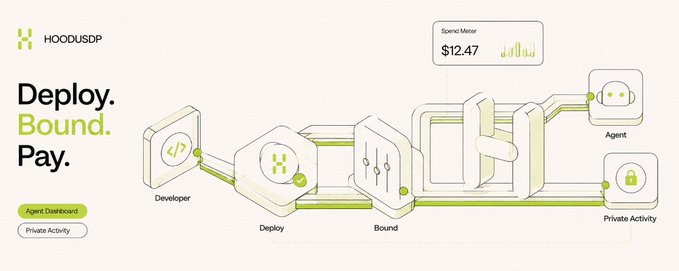 A diagram for HOODUSDP titled 'Deploy. Bound. Pay.' showing a process flow from 'Developer' to 'Deploy' to 'Bound' to 'Agent' and 'Private Activity', with a 'Spend Meter' showing $12.47.