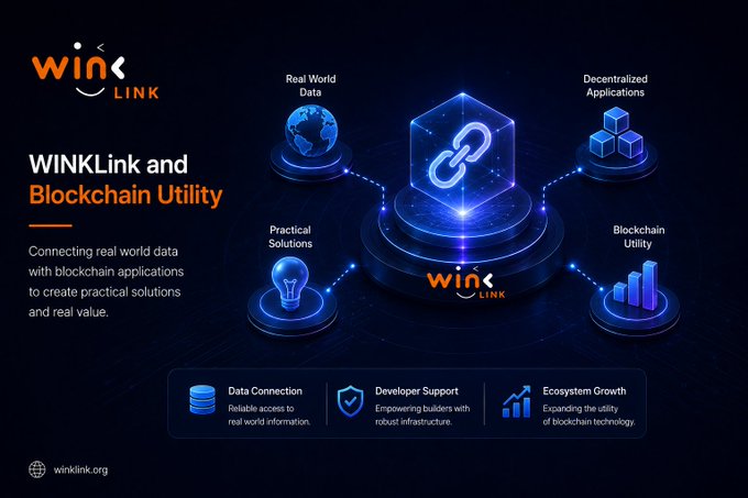 A promotional graphic for "WINKLink" titled "WINKLink and Blockchain Utility," featuring a central glowing link icon surrounded by platforms labeled "Real World Data," "Decentralized Applications," "Practical Solutions," and "Blockchain Utility."
