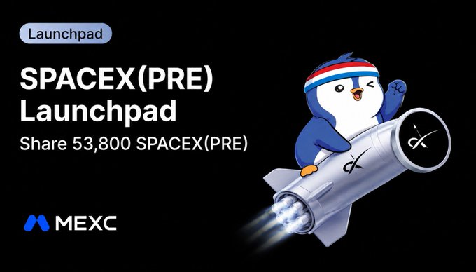 The image features a cartoon penguin sitting on top of a rocket ship that says "SpaceX Pre-Launchpad II" on it. The penguin appears to be waving at the camera, giving off a friendly vibe. Below the penguin, there is text that reads "Spacex (PRE) Launchpad Share 53,800 Spacex (PRE)", which suggests that this image might be related to an advertisement for SpaceX's launchpad service or promotion of their product. The post also mentions that @MEXC offers one of the most affordable ways to gain exposure to the company before its IPO.