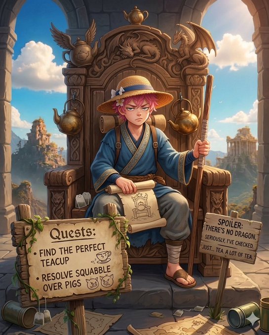 In the image, a young girl dressed as a princess sits on a throne-like chair with a book open in front of her. The scene takes place outdoors, possibly at an event or gathering. There are several signs around the area that provide information about the event and its purpose. One sign reads "Good morning CT somehow @quipnetwork and @TheARCTERMINAL have me thinking about quantum security and AI systems before I’ve even had coffee at this point, my morning routine feels less like waking up and more like preparing for the future". The girl appears to be enjoying her time in a unique and creative setting.