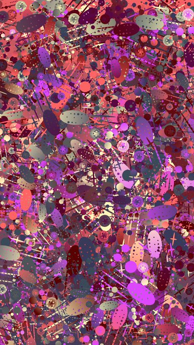 An abstract, colorful digital artwork featuring overlapping shapes, dots, and lines in shades of purple, pink, red, and olive green.