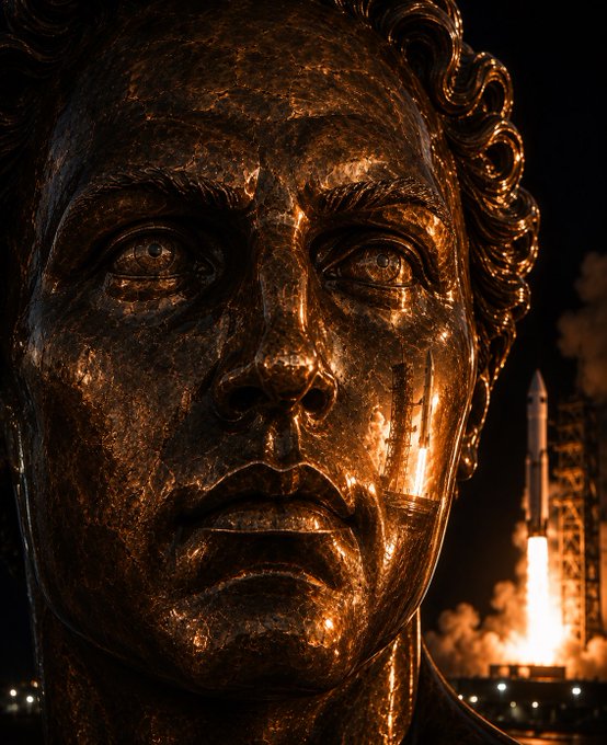 A towering bronze statue with classical Greek features and a laurel wreath stares forward as a massive rocket launches in the background, embodying the mythological metaphor of Prometheus—title reflected in the ticker $Prometheus—bringing the fire of spaceflight to humanity.