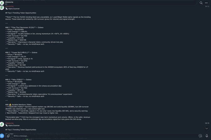 Screenshot of a Telegram chat with 'Alpha Scanner' detailing top 3 trending token opportunities on Solana, including data on tokens like The Claynosaurz (FLEA), Hissster Bull (HISSLL), and Hissy (FISH), plus Santiment mentions for NEAR and Pepe (PEPE).