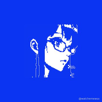 A pixelated blue and white portrait of a person with glasses and earrings, credited to '@watchmewsx' in the bottom right corner.
