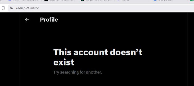 An X.com profile page displaying the message 'This account doesn't exist' with the subtext 'Try searching for another.'
