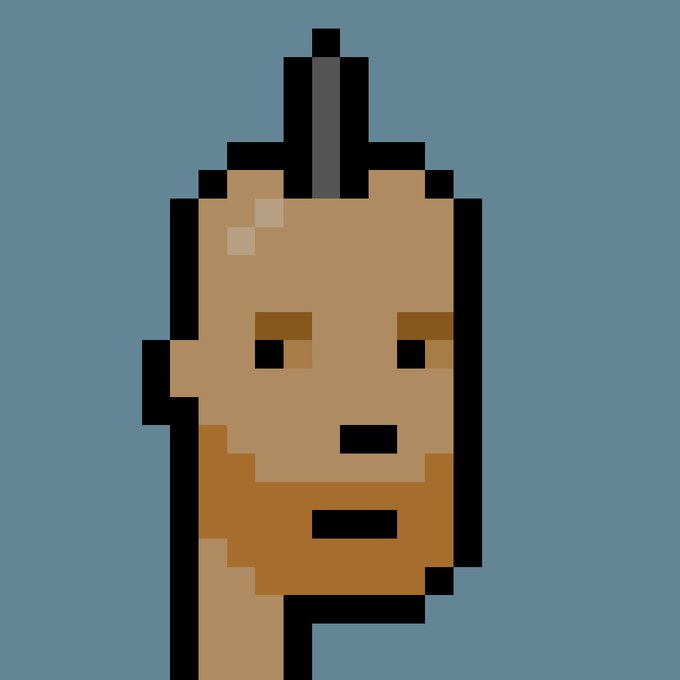 A pixel art illustration depicting a person's face with a small dark mohawk on top, brown eyes, and a brown beard, set against a solid grayish-blue background.
