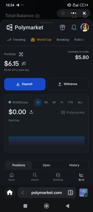 The image shows the Polymarket app with a total balance of $6.15 and an available balance to trade of $5.80, reflecting the user's reported "rekt" situation. The user expresses gratitude for the opportunity to donate to Polymarket, as indicated by the post text.