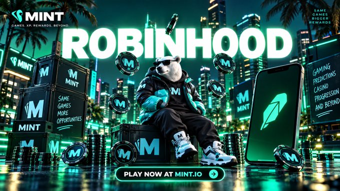 A vibrant promotional banner for "MINT" (MINT.IO) featuring a bear mascot in sunglasses sitting on M-branded boxes with "ROBINHOOD" displayed prominently, advertising gaming predictions, casino, and rewards.