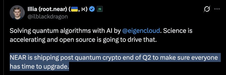 The image features a black background with white text that reads "This may have not received enough attention yet, but @NEARProtocol starts going quantum-resistant this June, 2026. And, still unnoticed, its sharded design makes it uniquely positioned to handle high TPS in the Post-Quantum & Agentic era." The post is about a new protocol called "@NEARProtocol" that will be implemented in June and will allow for Quantum-resistant communication.