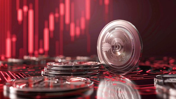 A stack of shiny silver coins in the foreground against a backdrop of a red financial chart with descending bars and candlestick patterns.