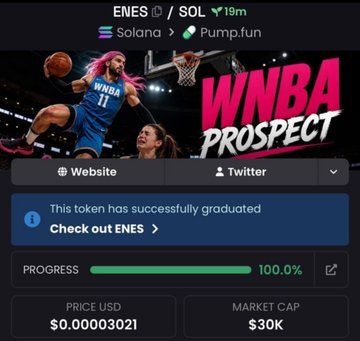A cryptocurrency token page on Pump.fun displaying 'ENES / SOL' with 'WNBA PROSPECT' branding, showing a 100.0% progress bar, a graduated status, and a market cap of $30K.