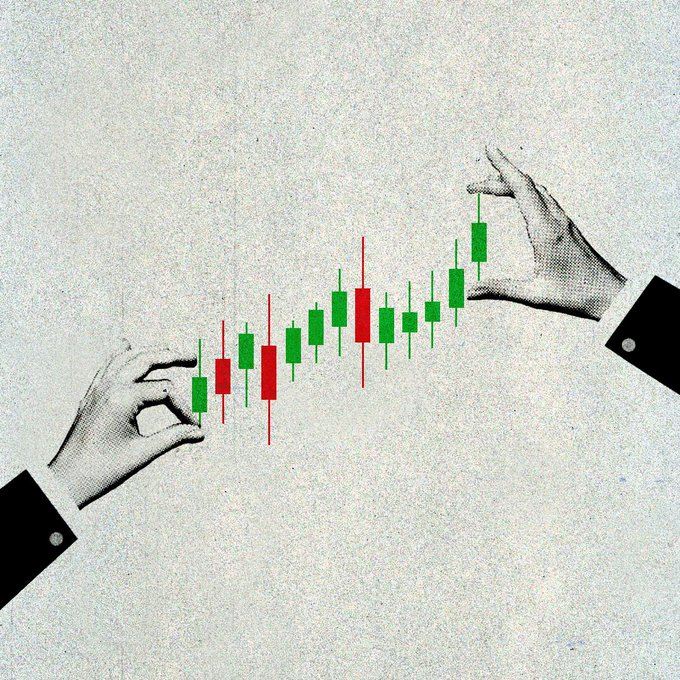 Two vintage illustrated hands carefully pinch the ends of a green candlestick chart, visually embodying the post's metaphor of painstakingly "building candles" rather than grand "castles." The minimalist chart, set against a textured gray background, symbolizes the disciplined, brick-by-brick craft of trading over flashy ambition.