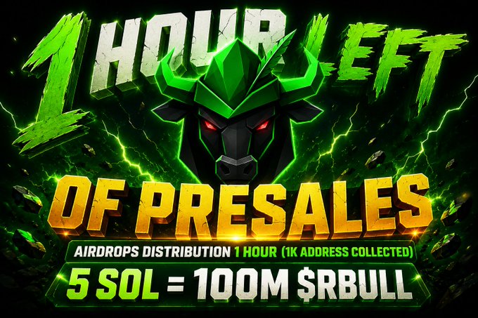 A promotional graphic for a cryptocurrency presale featuring a green bull mascot with glowing red eyes, boldly announcing "1 HOUR LEFT OF PRESALES" with details on airdrops distribution and an exchange rate of "5 SOL = 100M $RBULL." The image reinforces the urgency of the meme coin presale, matching the post's call to action to buy $RBULL before the deadline, with an airdrop distribution to follow within the hour.