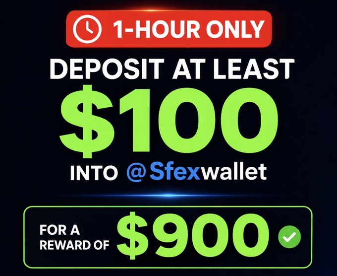 A promotional graphic with bold red, white, green, and blue text on a black background advertises a "1-HOUR ONLY" limited-time offer, prompting users to "DEPOSIT AT LEAST $100 INTO @Sfexwallet" for a reward of "$900," directly mirroring the post's claim of earning a 90% bonus on deposits through the sfex referral link.
