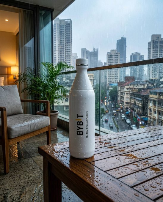 A white BYBIT water bottle covered in water droplets sitting on a wooden table on a rainy balcony overlooking a city skyline.