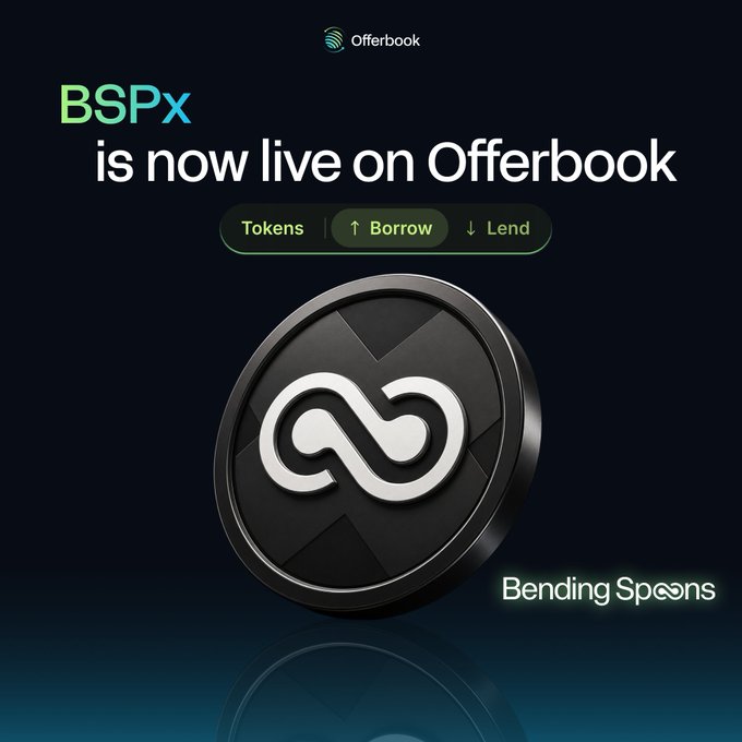 The image is a promotional graphic announcing that "$BSPx is now live on Offerbook," featuring the Offerbook logo at the top, navigation tags for "Tokens," "Borrow," and "Lend," and a large black coin displaying the infinity-style Bending Spoons logo, which corresponds to the post about Bending Spoons—the company behind AOL, Vimeo, WeTransfer, and Evernote—now accepting its tokenized stock as collateral.