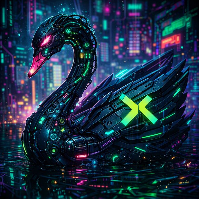 A vibrant cyberpunk-style digital artwork of a mechanical black swan with glowing neon green and pink circuitry, featuring a bright green double arrow logo on its body.
